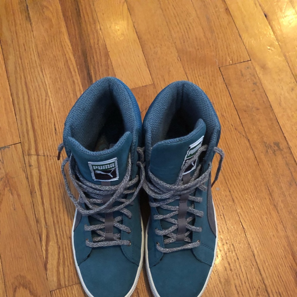 Classic Blue greenish with gray, all suede,mid top Puma sneakers. Barely worn.